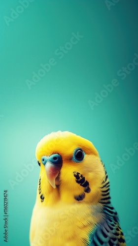 Vibrant Yellow Budgie Parakeet Close-Up Against Teal Background – Exotic Pet Bird Portrait