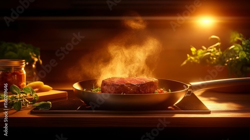 Sizzling Steak in Pan on Kitchen Counter. Generative AI photo