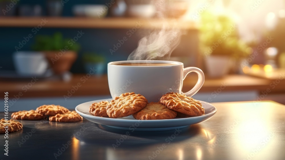 Steaming Coffee Cup and Cookies in a Cozy Kitchen. Generative AI Steaming Coffee Cup and Cookies in a Cozy Kitchen. Generative AI