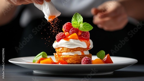 Chef plating a vibrant dessert with raspberries and cream. Generative AI photo