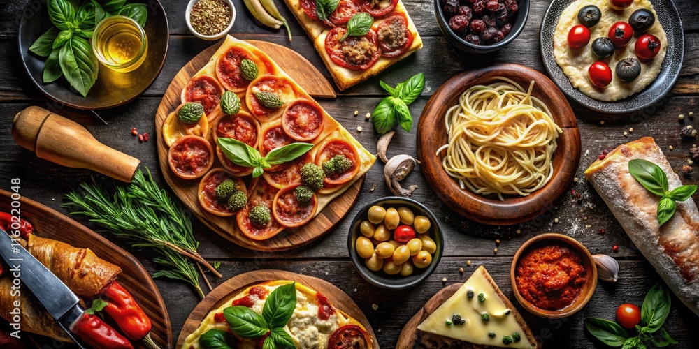 Black stone backdrop, urban aesthetic: a top-down view of delicious Italian cuisine. Black stone backdrop, urban aesthetic: a top-down view of delicious Italian cuisine.