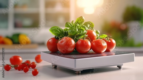 Fresh produce on a kitchen scale in a modern kitchen setting. Generative AI photo