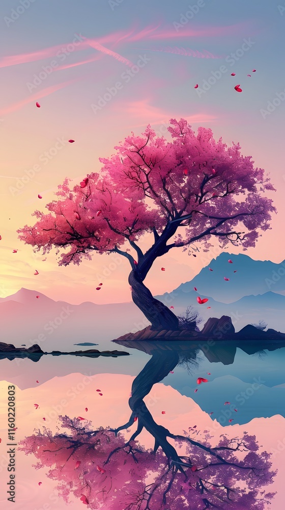 Obraz premium A magnificent and beautiful cherry blossom tree standing alone, with a beautiful view