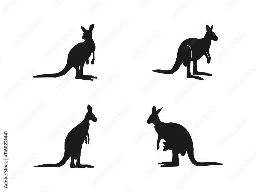 Kangaroo silhouette vector art design. Silhouette Kangaroo in Black Color Vector Concept Illustration. Set silhouettes of kangaroo, different poses, black color, isolated on white background. Kangaroo silhouette vector art design. Silhouette Kangaroo in Black Color Vector Concept Illustration. Set silhouettes of kangaroo, different poses, black color, isolated on white background.