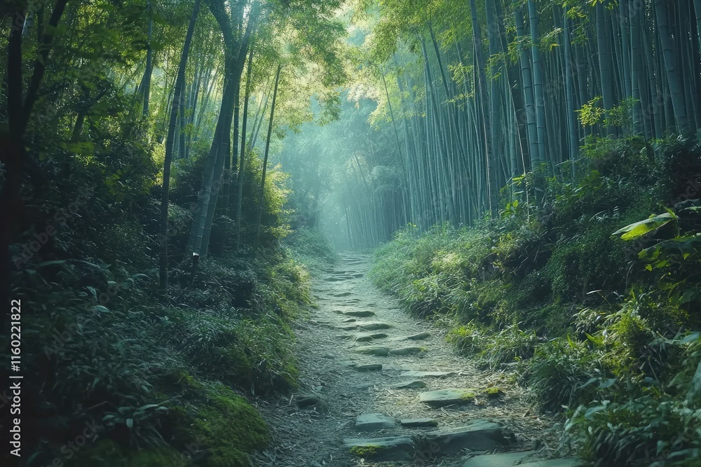 Obraz premium Stone path leading through misty bamboo forest in japan