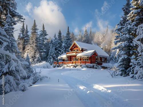 Rustic snow-covered cabin in a winter wonderland landscape photo