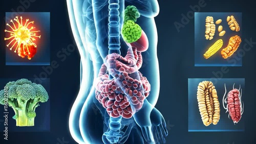 Anatomical Representation of the Human Digestive System with Colorful Food Illustrations