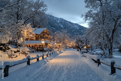 Snow covered street leading to illuminated hotel in mountain village at dusk photo