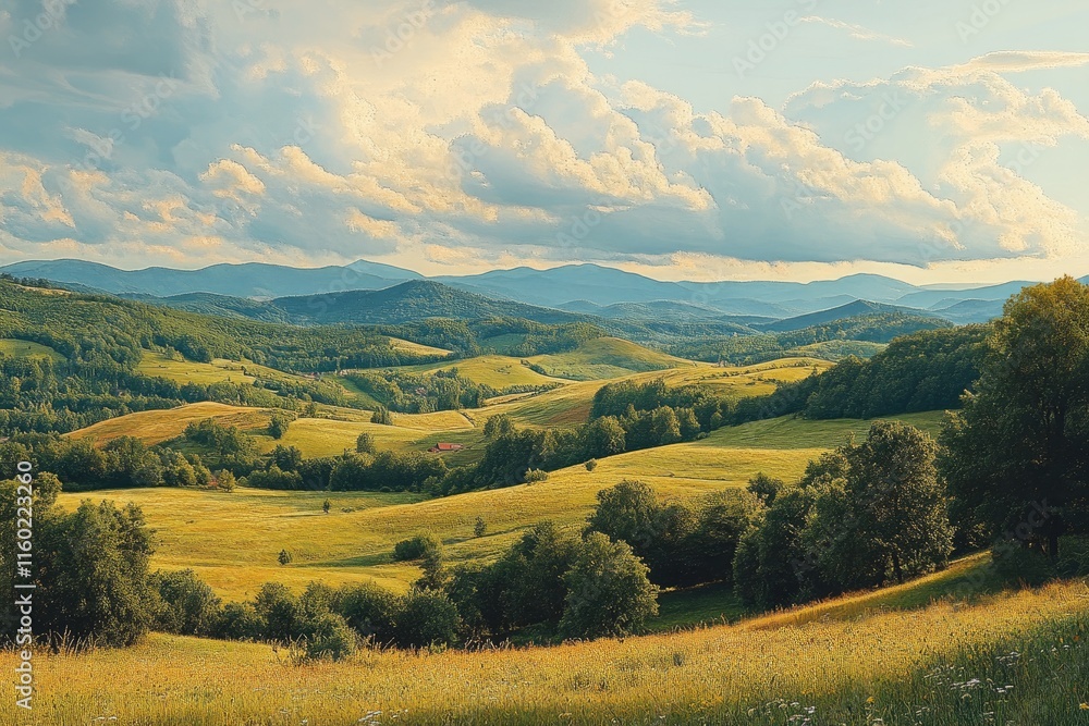 Obraz premium Rolling hills and lush green fields creating a breathtaking summer landscape