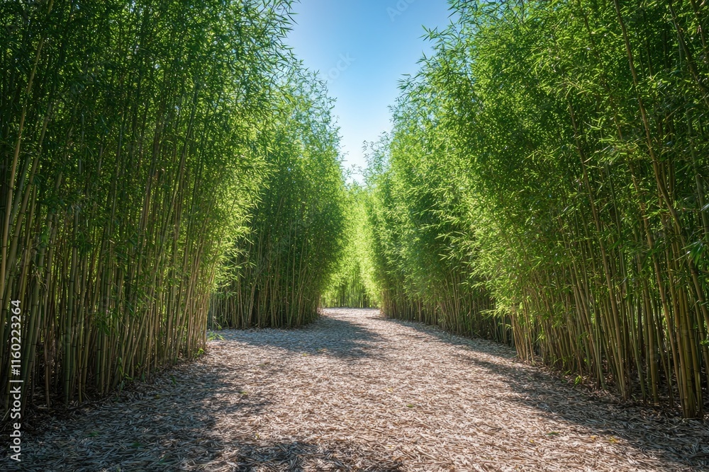 Fototapeta premium Path winding through lush bamboo forest on sunny day