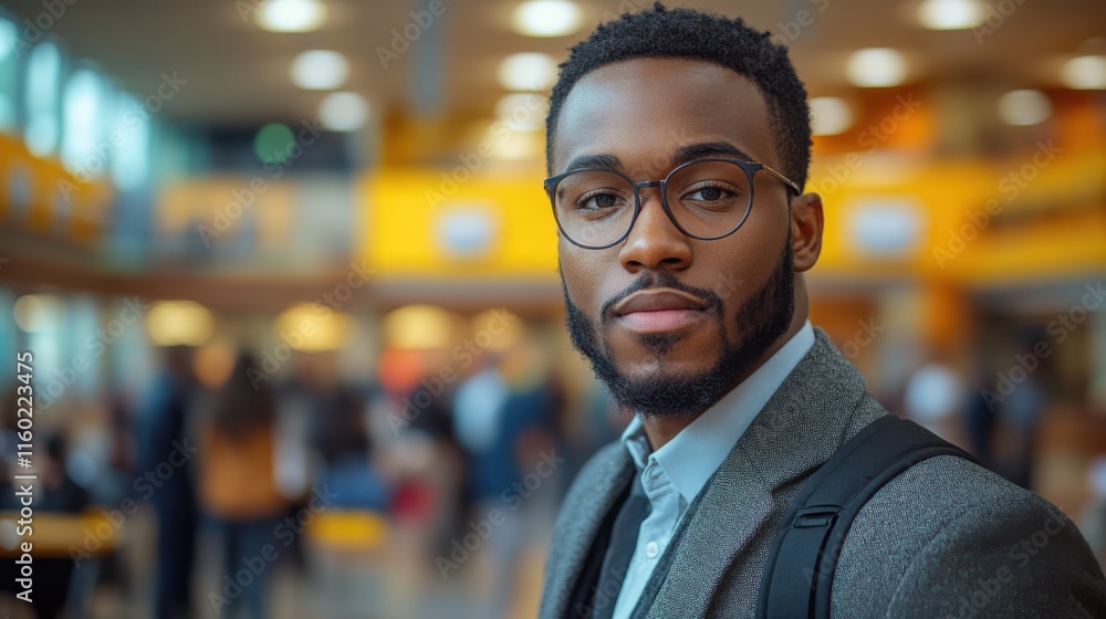 Confident young Black man in glasses, dressed formally in a bustling office environment. Confident young Black man in glasses, dressed formally in a bustling office environment.