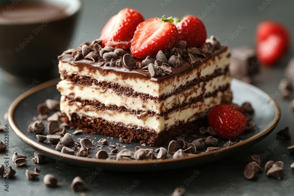 Delicious chocolate cake topped with fresh strawberries and chocolate chips Delicious chocolate cake topped with fresh strawberries and chocolate chips