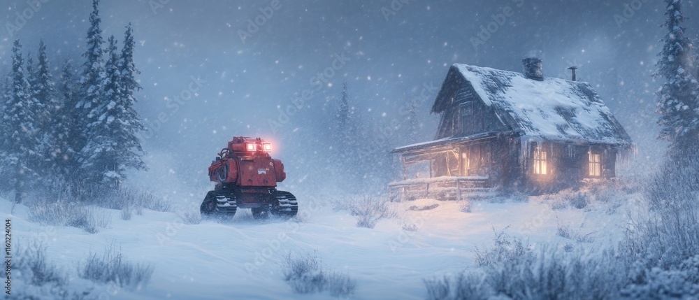 AI Robot Delivering Supplies to Stranded Cabin Through Snowstorm in Rescue Gear, Snowflakes Falling in the Winter Wilderness AI Robot Delivering Supplies to Stranded Cabin Through Snowstorm in Rescue Gear, Snowflakes Falling in the Winter Wilderness