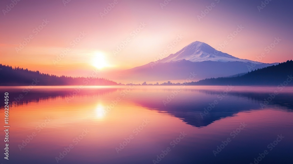 Serene sunrise over a mountain lake, reflecting vibrant colors. Serene sunrise over a mountain lake, reflecting vibrant colors.