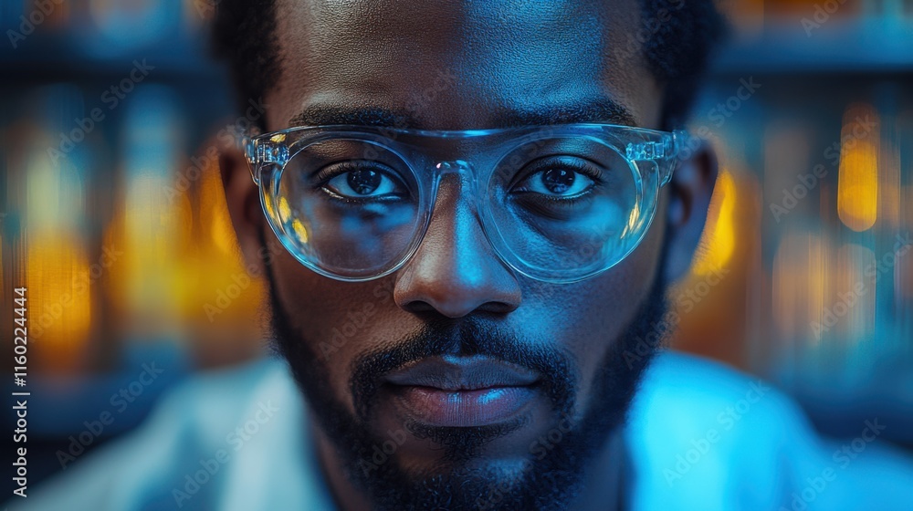 Focused African American man with glasses illuminated by blue and yellow lights.