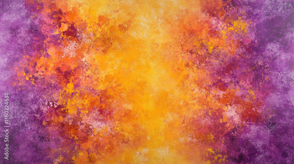 Fototapeta premium Vivid abstract background, fiery oranges and radiant yellows interwoven with soft lavender and mauve gradients, bold textures with dynamic ink splatters