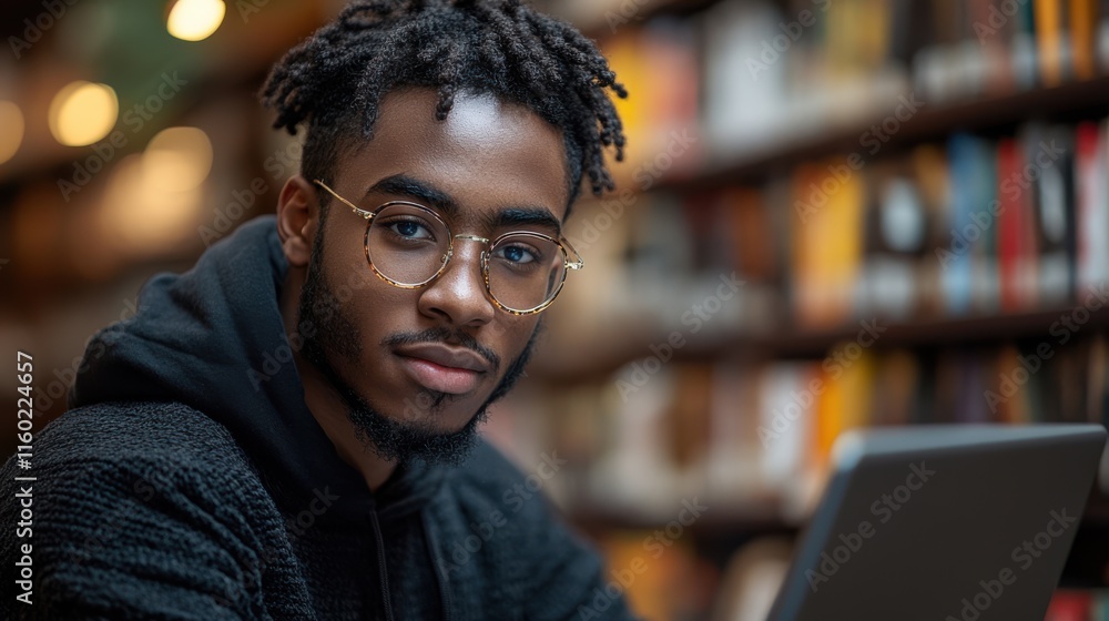 Obraz premium Young Black man focused on work in a library setting with a laptop.