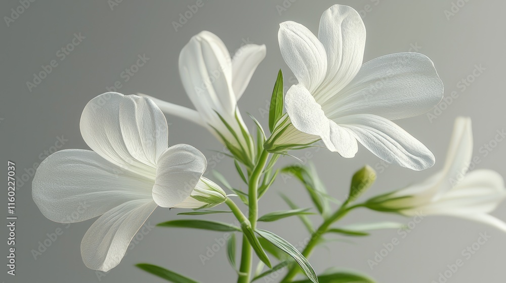 Fototapeta premium Close-up of delicate white flowers with green stems against a gray background.
