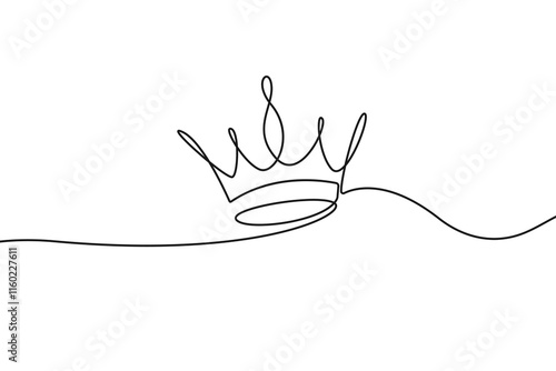 Continuous One Line Drawing on White Background of Crown. Simple Crown Continuous Line Drawing. Contour Modern Minimalist Illustration. Vector EPS 10