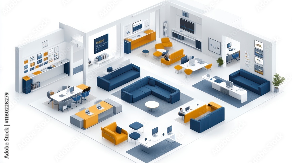 A modern office layout featuring stylish furniture, collaborative spaces, and a bright, open design, ideal for productivity and teamwork. A modern office layout featuring stylish furniture, collaborative spaces, and a bright, open design, ideal for productivity and teamwork.