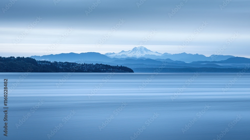Fototapeta premium Serene mountain vista over calm water.