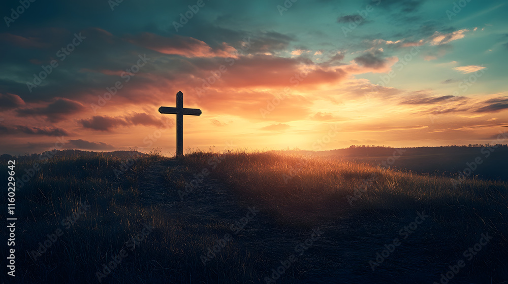 Majestic Sunset Behind Cross on Hilltop Invoking Solitude and Spiritual Reflection : Generative AI Majestic Sunset Behind Cross on Hilltop Invoking Solitude and Spiritual Reflection : Generative AI