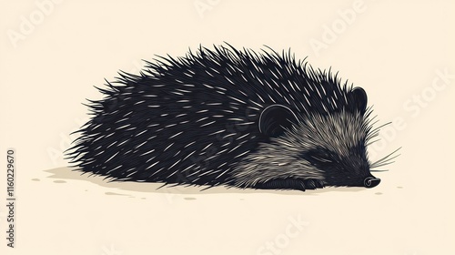 Sleeping hedgehog illustration, monochrome, detailed. (1)