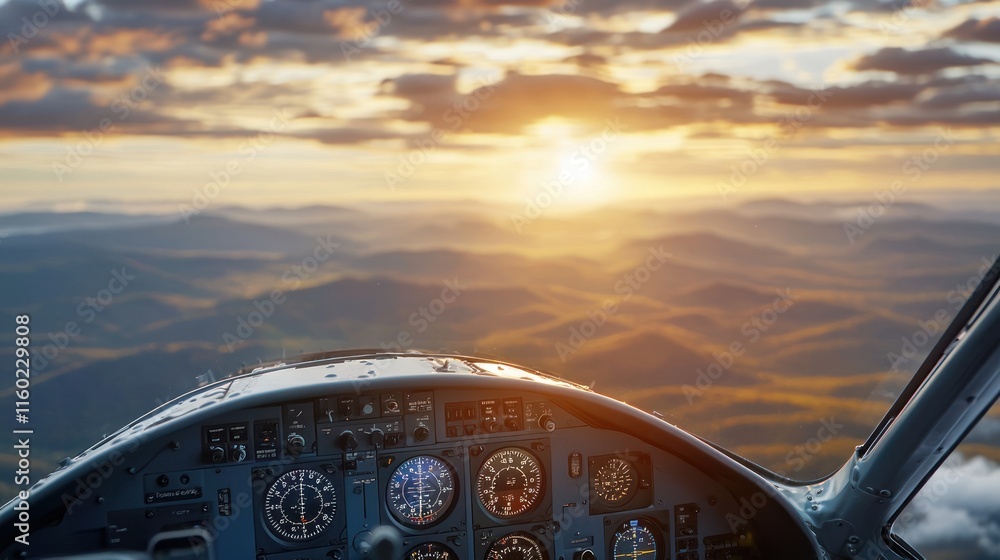 Obraz premium Airplane cockpit view at sunset over mountains.