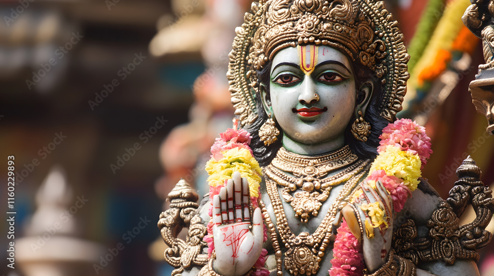 Fototapeta premium Exquisitely Carved Hindu Idol with Detailed Expressions in Temple Surroundings : Generative AI