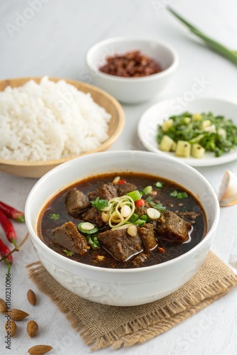 A bowl of rawon, an indonesian traditional meat soup dish photo