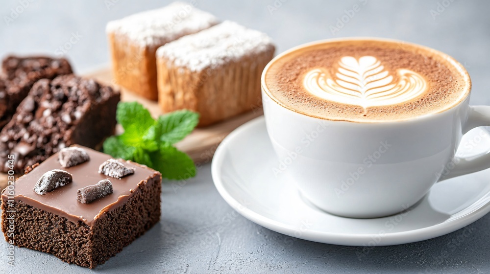 A cozy setup featuring a latte art coffee next to assorted brownies and pastries, garnished with mint leaves. A cozy setup featuring a latte art coffee next to assorted brownies and pastries, garnished with mint leaves.