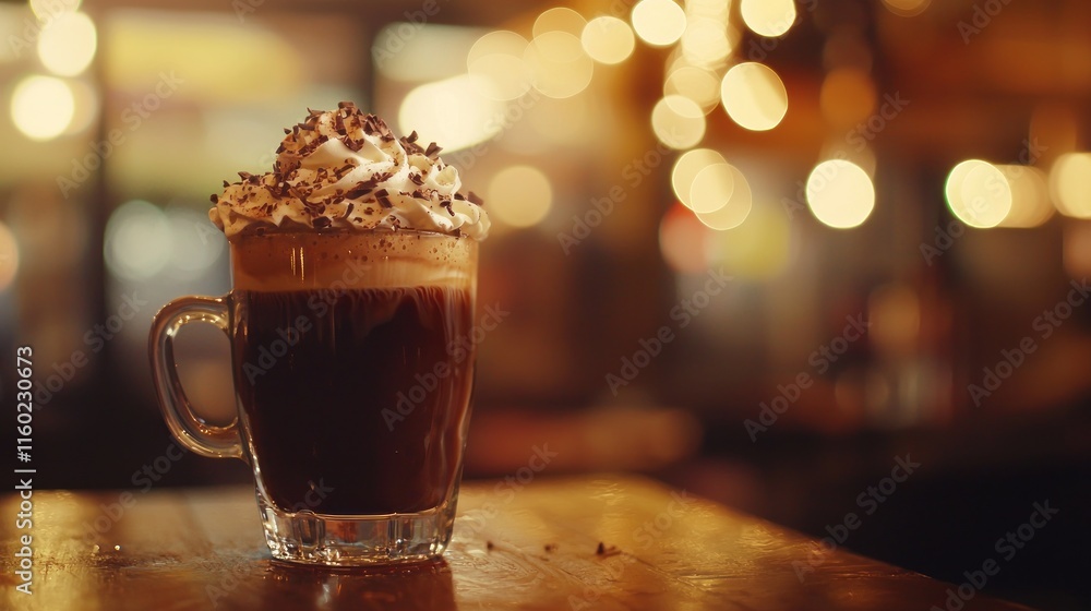 Whipped cream topped hot chocolate in a glass mug on a wooden table at a cafe.