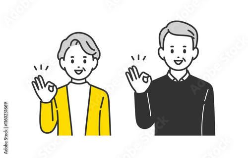 OKサインのポーズをするシニア男女･老夫婦のセット【人物ベクターイラスト素材】