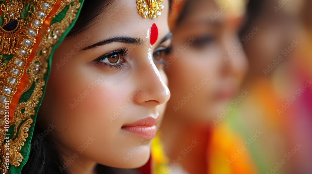 Obraz premium Young Woman in Traditional Indian Attire with Cultural Makeup and Accessories : Generative AI