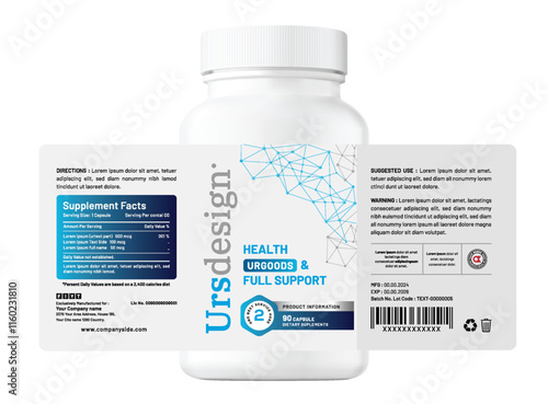 Clean and creative healthcare vitamin supplement medicine bottle jar product packaging label print design.