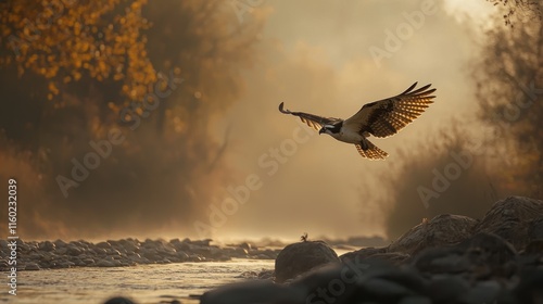Osprey in flight over misty river at sunrise.