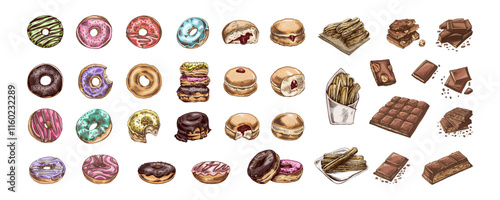 Hand-drawn colorful sketch set of donuts, churros, and chocolates