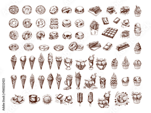 Hand-drawn vintage sketch set of donuts, ice cream, and chocolates