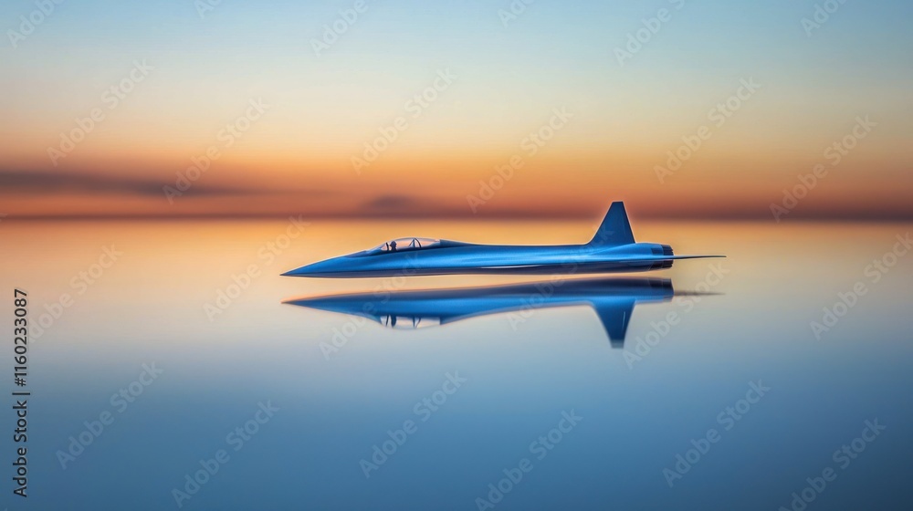 Jet plane reflection on calm water at sunset. Jet plane reflection on calm water at sunset.