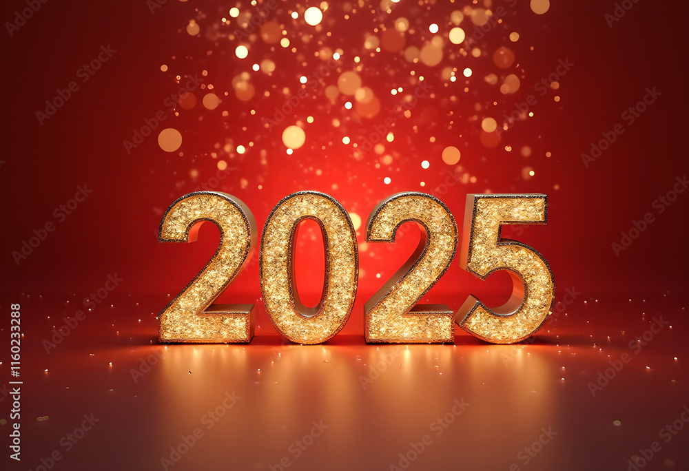 2025 New Year's glitter numbers ornament on floor with golden light bokeh and red scene background, Happy New Year concept for 2025 2025 New Year's glitter numbers ornament on floor with golden light bokeh and red scene background, Happy New Year concept for 2025