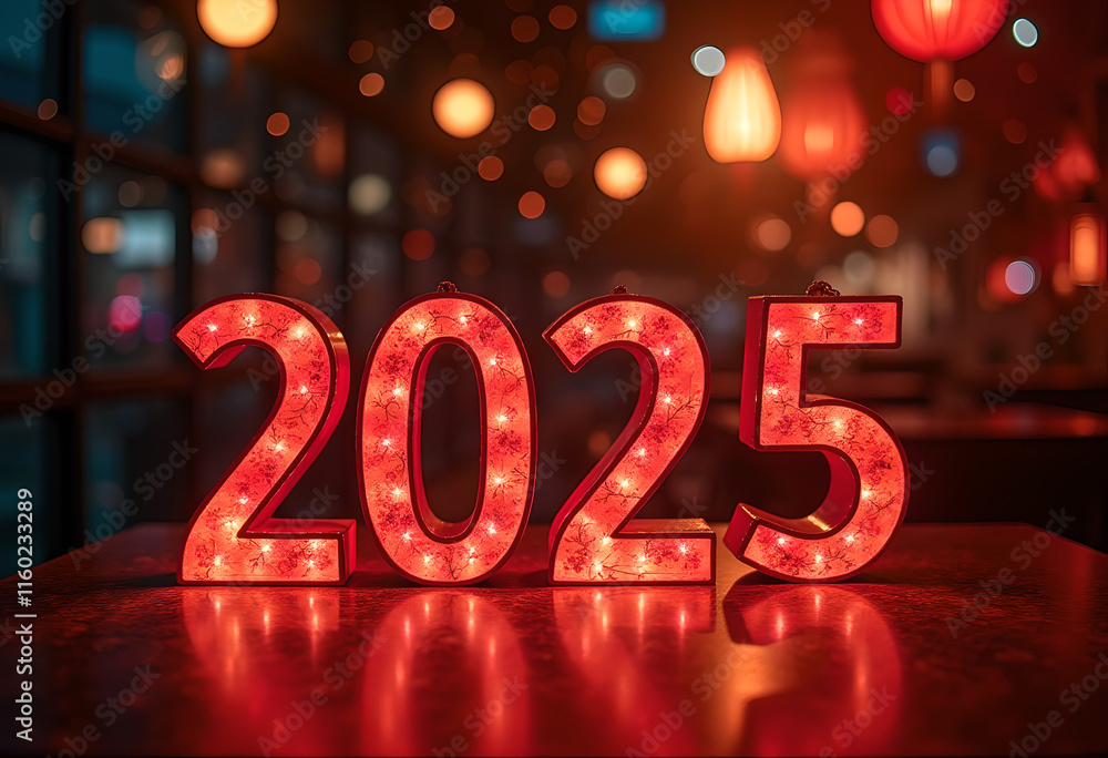 2025 New Year's glowing light numbers ornament on table in cafe with light bokeh and dark scene background, Happy New Year concept for 2025 2025 New Year's glowing light numbers ornament on table in cafe with light bokeh and dark scene background, Happy New Year concept for 2025