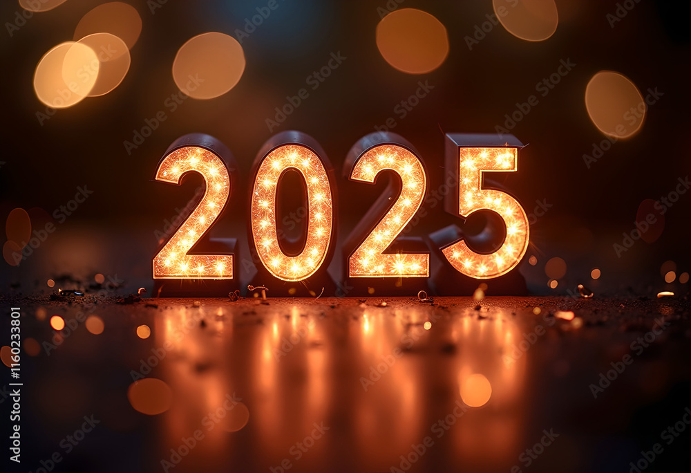 2025 New Year's gold on shiny floor in dark scene and light bokeh background with glowing number 2025, Happy New Year concept for 2025 2025 New Year's gold on shiny floor in dark scene and light bokeh background with glowing number 2025, Happy New Year concept for 2025