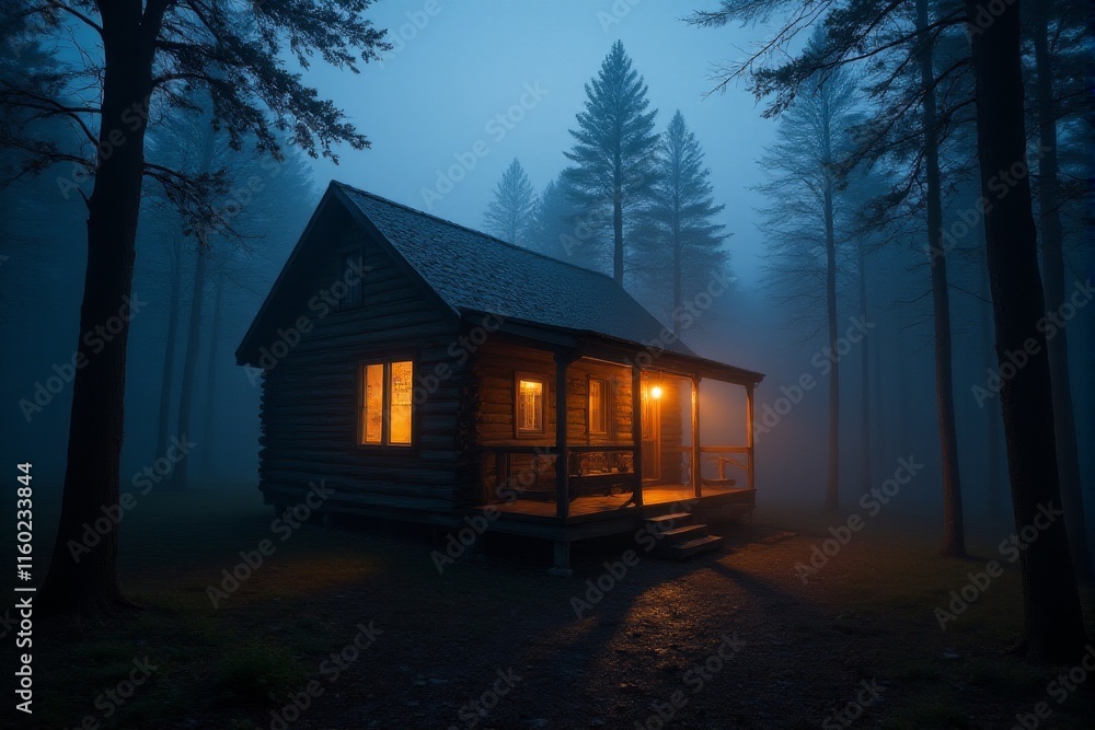 Forest cabin illuminated by warm light in a foggy evening setting Forest cabin illuminated by warm light in a foggy evening setting