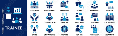 Trainee icon collection set. Containing design trainee, professional, work, business, employee