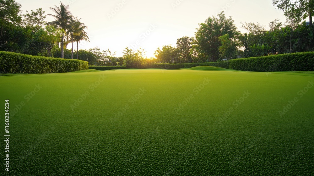 Obraz premium A tranquil golf putting green at dusk, Pristine lawn under soft evening light, Elegant sporting ambiance