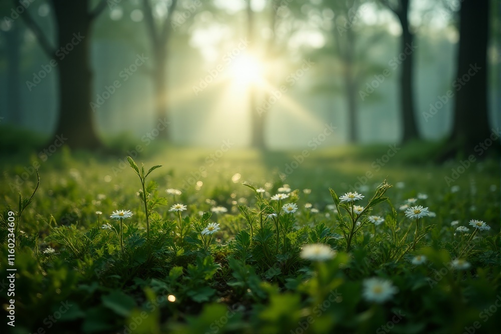 Fototapeta premium Soft light shining on dewdrops in a foggy forest meadow