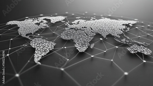 Fototapeta Naklejka Na Ścianę i Meble -  A stylized, monochrome world map composed of interconnected dots and lines, symbolizing global connectivity and technology.