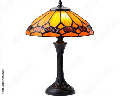 A vintage Tiffanystyle table lamp with a stainedglass shade, isolated against white photo