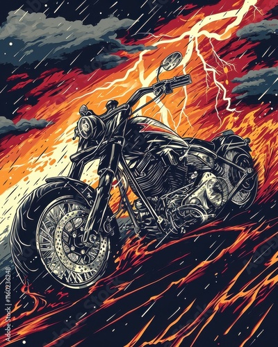 Fiery motorcycle design, perfect for t-shirts.  Ride into the storm with this intense, high-quality illustration. Ideal for apparel and merchandise. photo