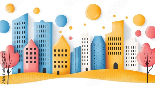 Colorful Paper Cutout Cityscape with Trees and Sun Elements in Pastel Colors
